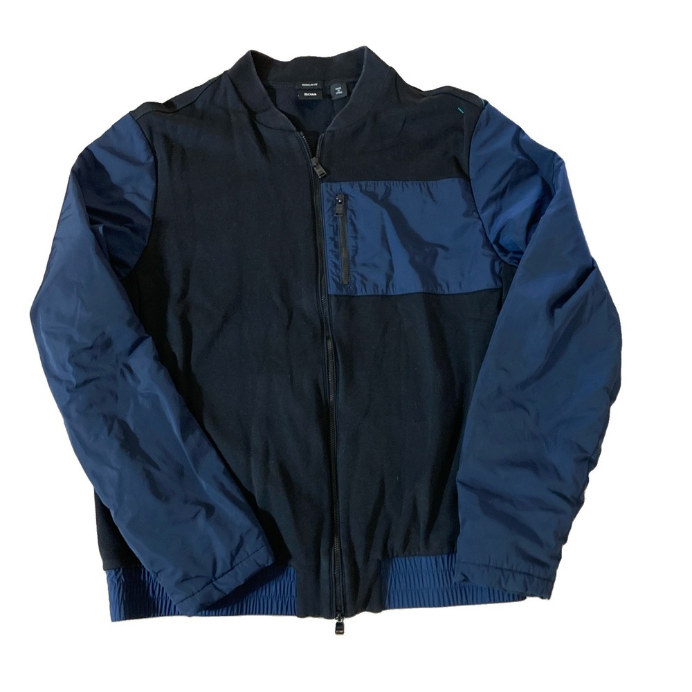 Hugo Boss Skiles Jacket Men's Sz L Black Navy Mixed Media Bomber Full Zip $295